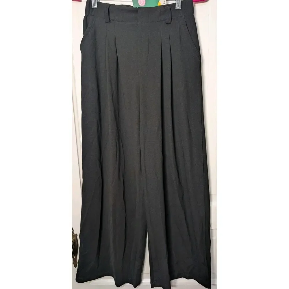 Halara Black Wide Leg Ribbed Workwear Woman's Size S Pleated Pants NWT(841)